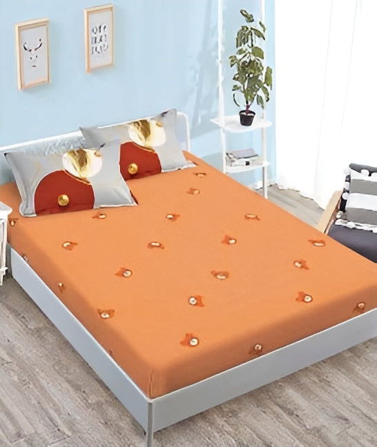 Спално бельо с ластик - сиво и оранжево с пера и мечета