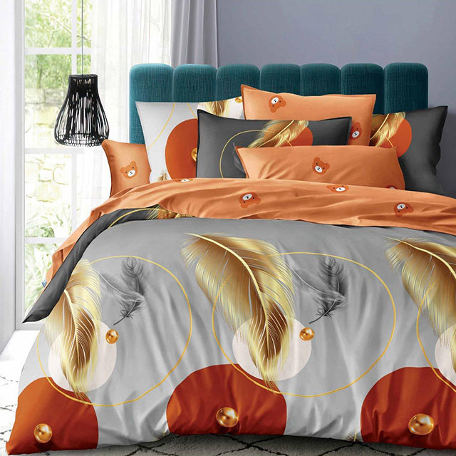 Спално бельо с ластик - сиво и оранжево с пера и мечета