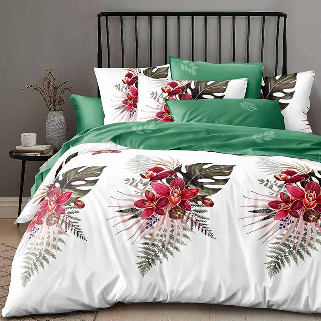 Спално бельо с ластик - бяло и зелено с екзотични цветя