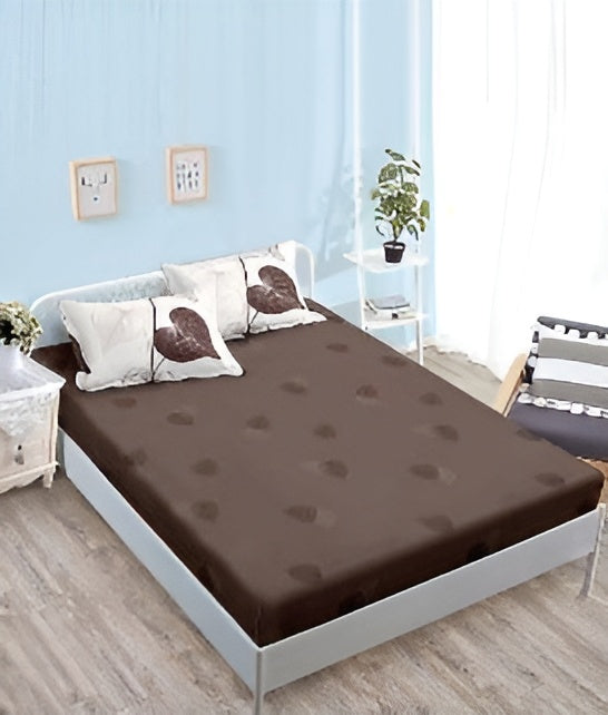 Спално бельо с ластик - бяло и кафяво с листа