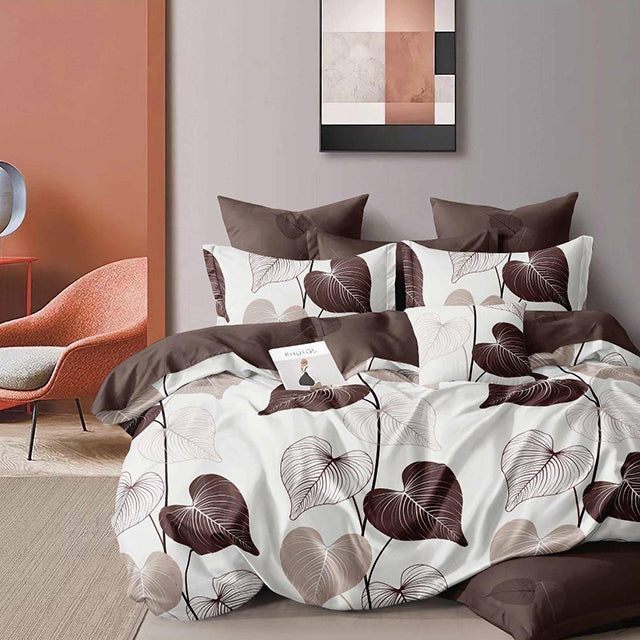 Спално бельо с ластик - бяло и кафяво с листа
