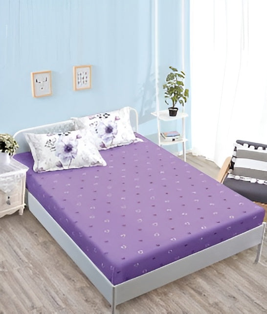 Спално бельо с ластик - бяло и лилаво с флорален мотив