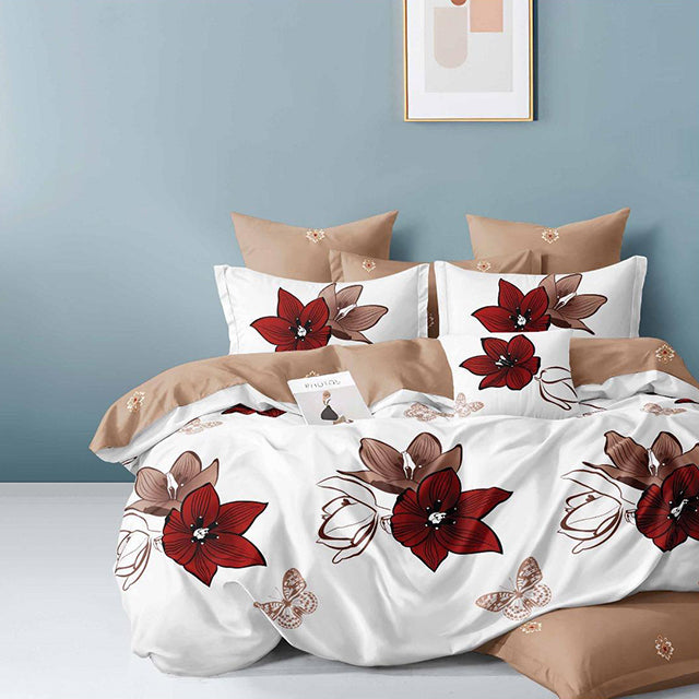 Спално бельо с ластик - бяло и кафяво с цветя и пеперуди