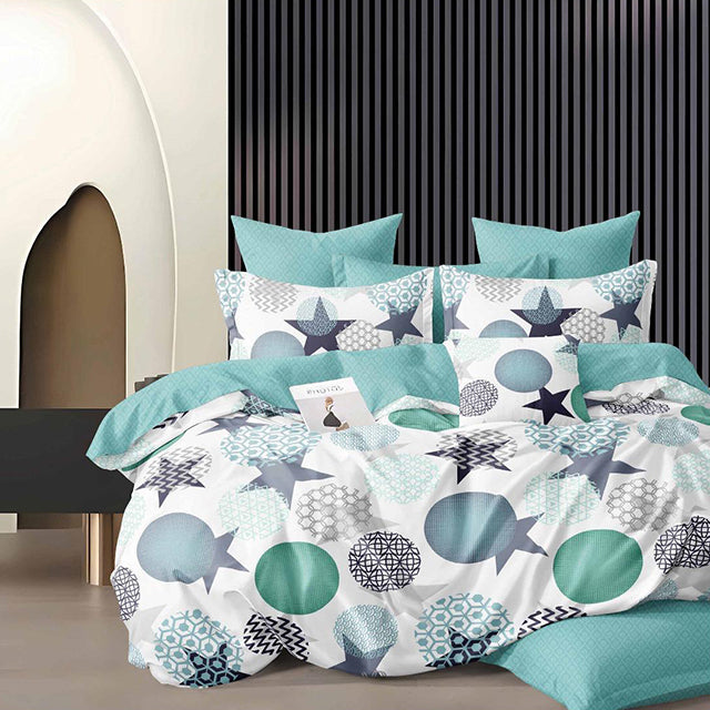 Спално бельо с ластик - бяло и тюркоаз с морски мотив