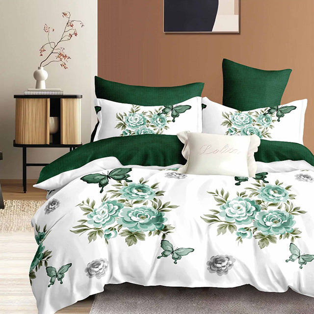 Спално бельо с ластик - бяло и зелено с цветя