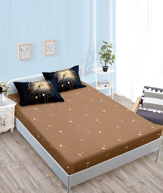 Спално бельо с ластик - черно и кафяво с глухарчета