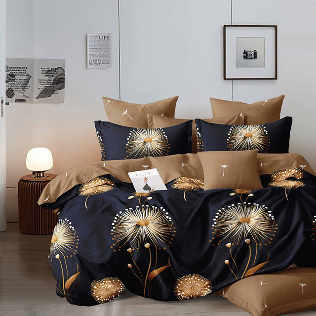 Спално бельо с ластик - черно и кафяво с глухарчета