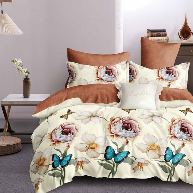 Спално бельо с ластик - цвят крем и кафяво с цветя и пеперуди