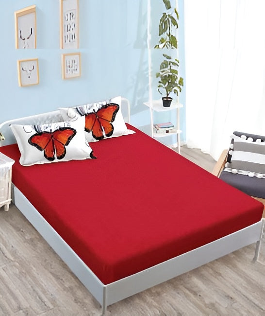 Спално бельо с ластик - бяло и червено с пеперуди