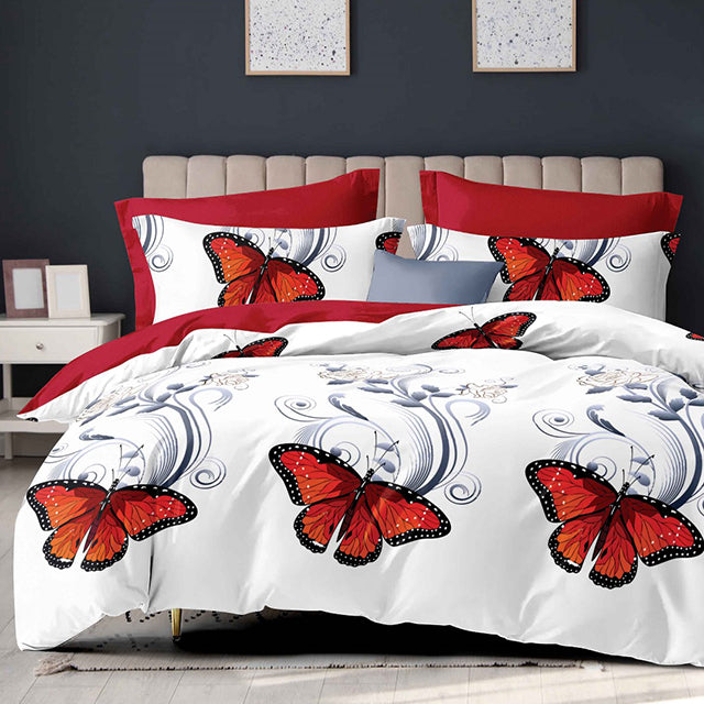 Спално бельо с ластик - бяло и червено с пеперуди