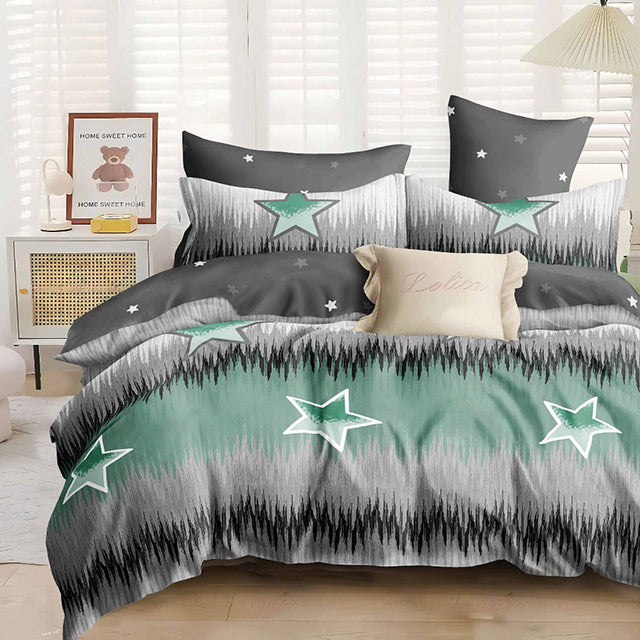 Спално бельо с ластик - сиво и зелено със звезди