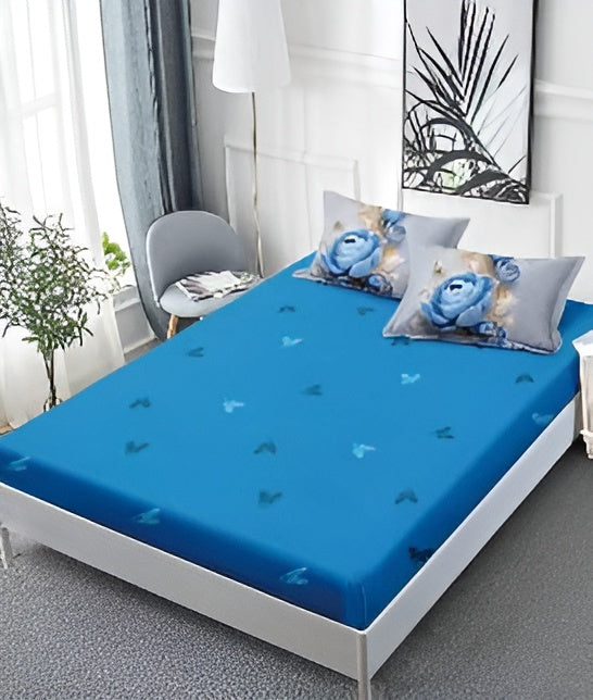 Спално бельо с ластик - сиво и синьо с рози