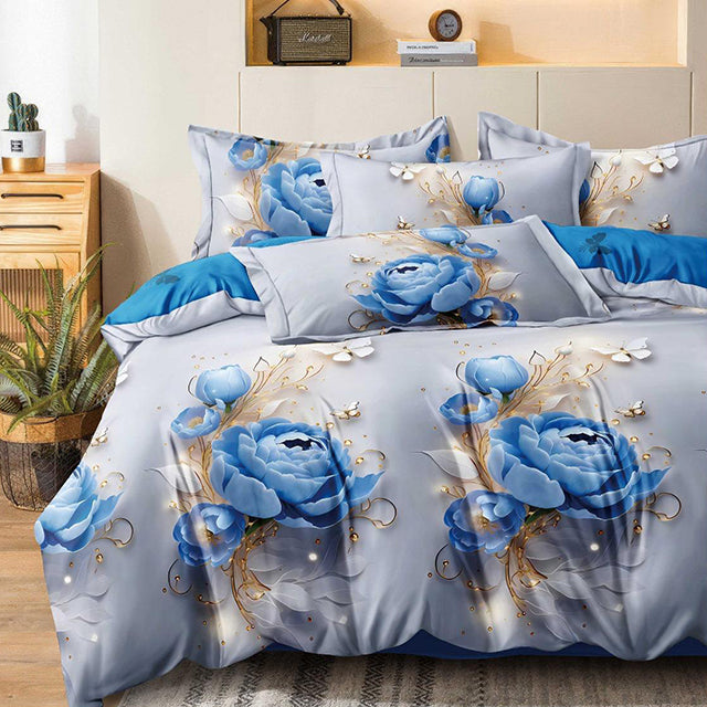 Спално бельо с ластик - сиво и синьо с рози