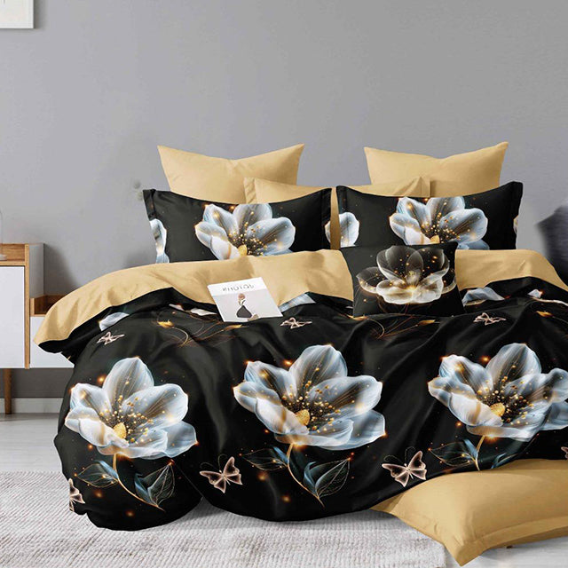 Спално бельо с ластик - черно и бежово с цветя