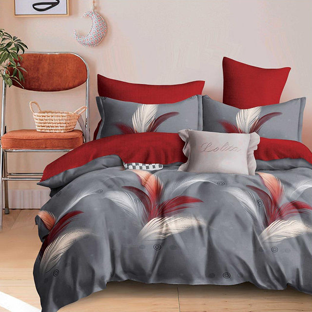 Спално бельо с ластик - сиво и червено с пера