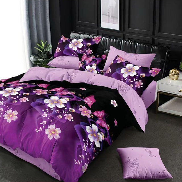 Спално бельо с ластик - лилаво с флорален мотив