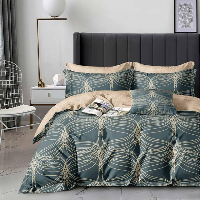 Спално бельо с ластик - синьо и бежово с ивици