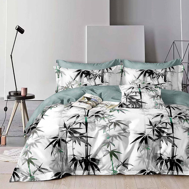 Спално бельо с ластик - бяло и синьо с листа