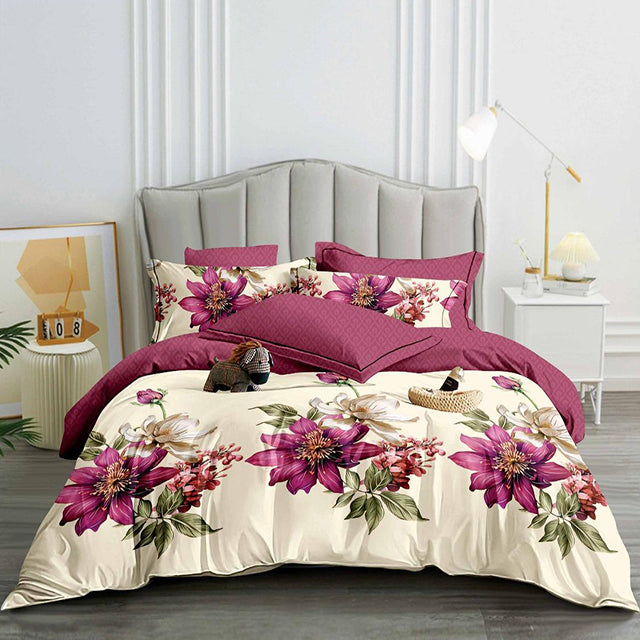 Спално бельо с ластик - цвят крем и циклама с цветя