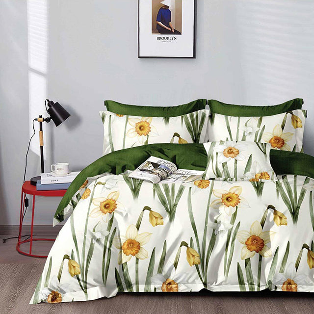Спално бельо с ластик - бяло и зелено с нарциси