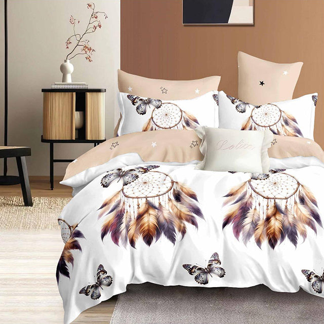 Спално бельо с ластик - бяло и бежово с пеперуди и пера