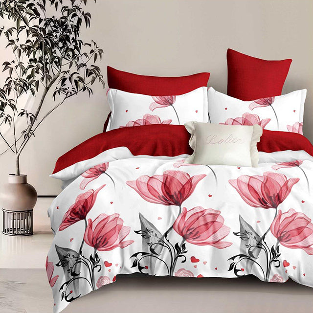 Спално бельо с ластик - бяло и и червено с лалета