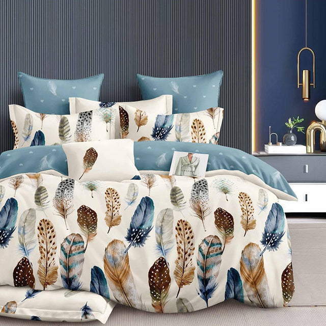 Спално бельо с ластик - бяло и синьо с пера