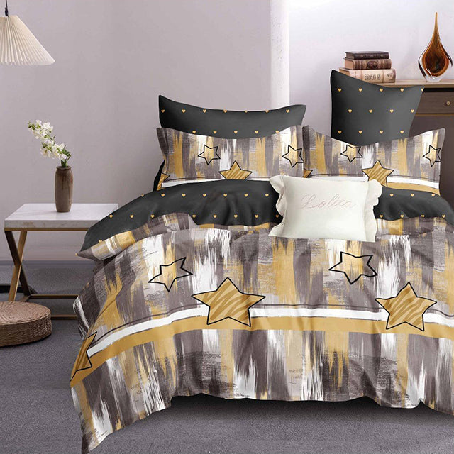 Спално бельо с ластик - сиво и жълто със звезди