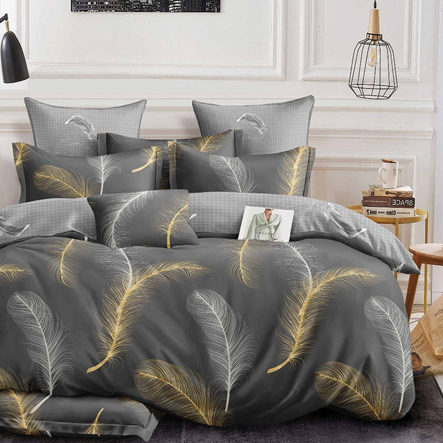 Спално бельо с ластик - сиво с жълти пера