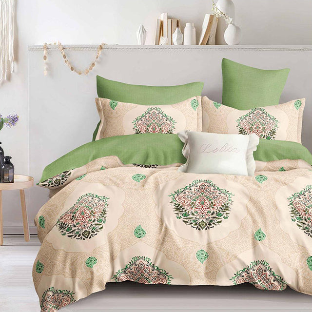 Спално бельо с ластик - бежово и зелено с интересни орнаменти