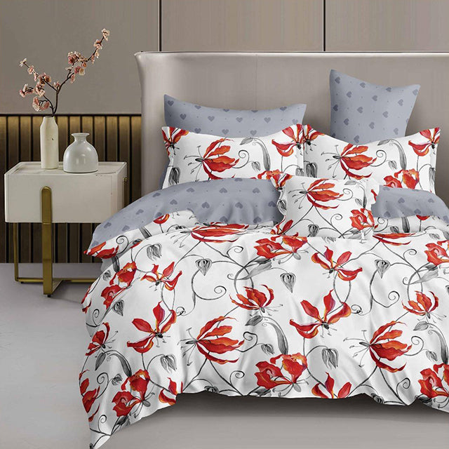 Спално бельо с ластик - бяло и сиво с червени листенца