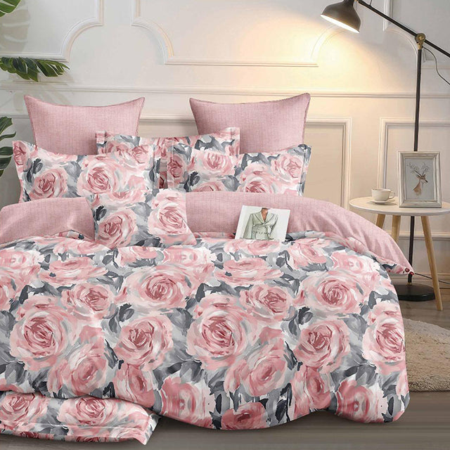 Спално бельо с ластик - сиво и розово с красиви рози