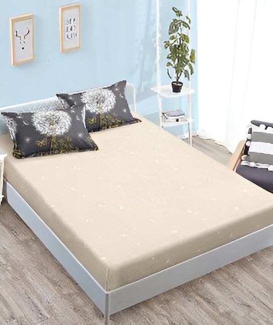 Спално бельо с ластик - тъмносиво и екрю с глухарчета и пеперуди