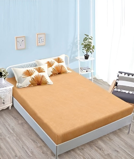 Спално бельо с ластик - бяло и оранжево с цветя