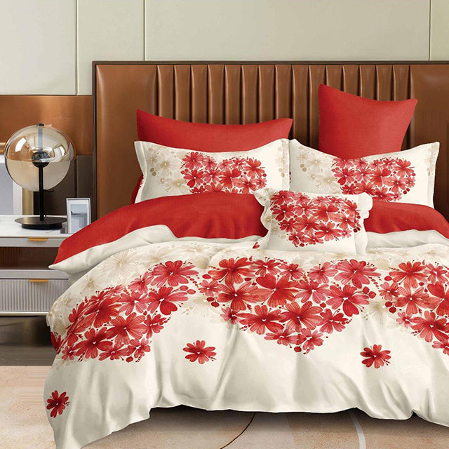 Спално бельо с ластик - цвят крем и червено със сърца