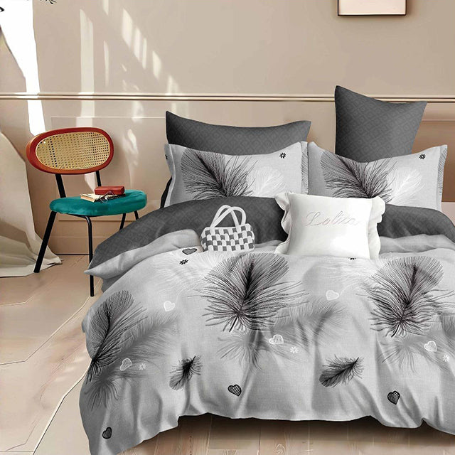 Спално бельо с ластик - сиво с пера