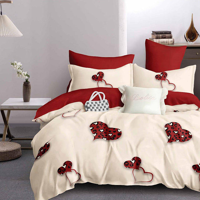 Спално бельо с ластик - цвят крем и тъмночервено със сърчица
