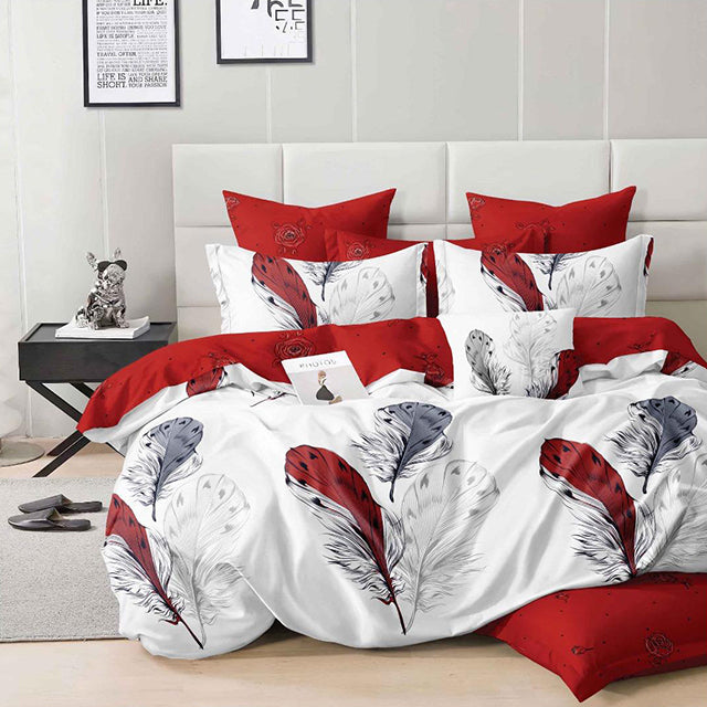 Спално бельо с ластик - бяло и червено с пера