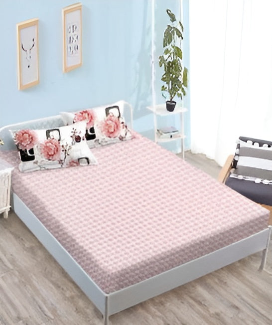 Спално бельо с ластик - бяло и розово с цветя и квадратчета