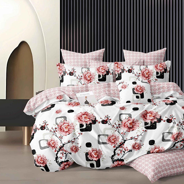 Спално бельо с ластик - бяло и розово с цветя и квадратчета