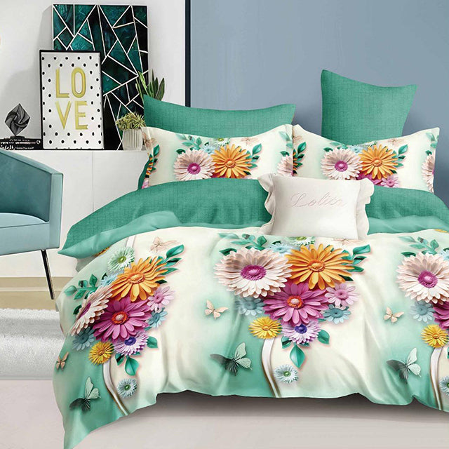 Спално бельо с ластик - цвят крем и зелено с гербери