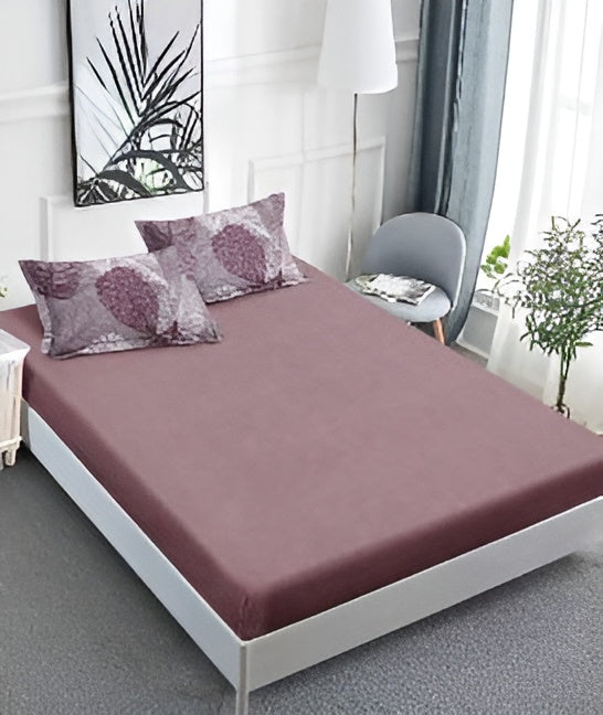 Спално бельо с ластик - тъмнолилаво с листенца