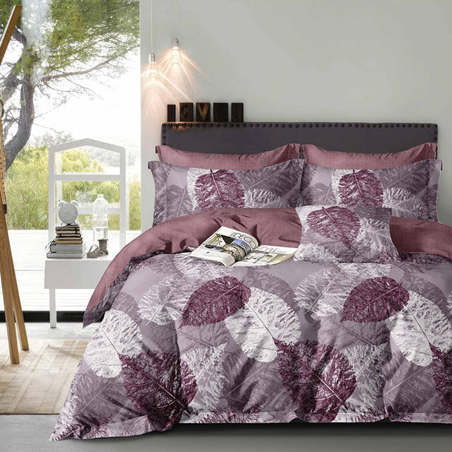 Спално бельо с ластик - тъмнолилаво с листенца