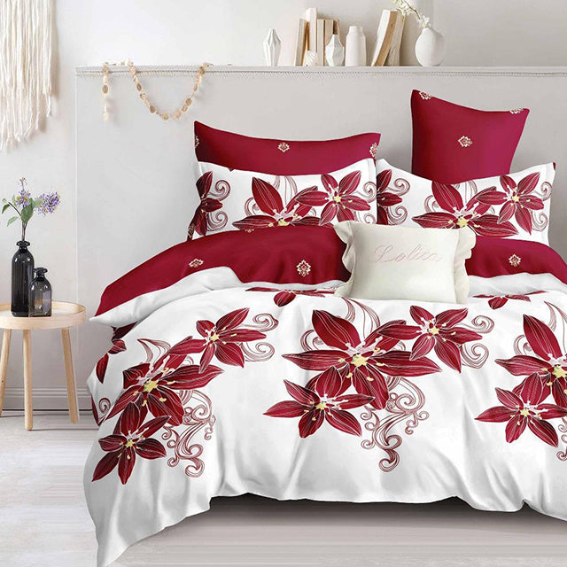 Спално бельо с ластик - бяло и червено с красиви цветя