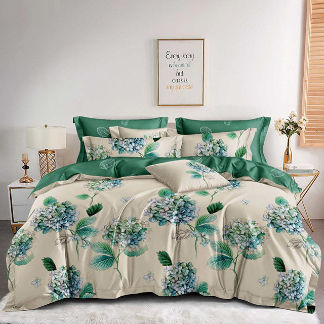 Спално бельо с ластик - бежово и зелено с цветя