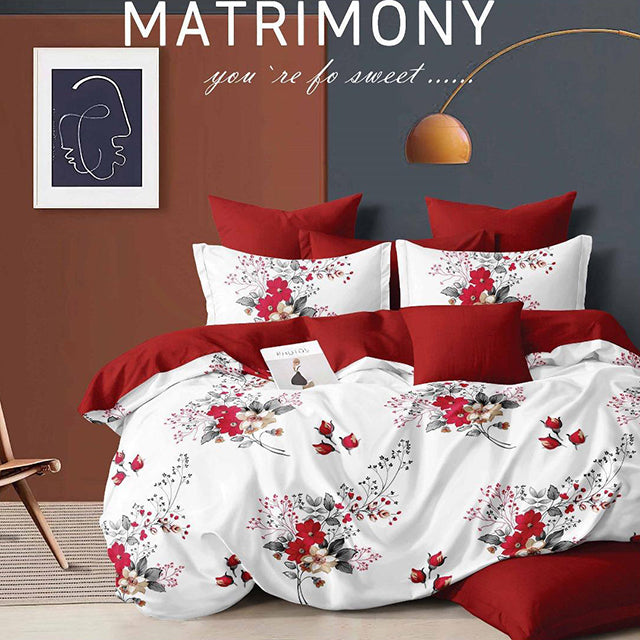 Спално бельо с ластик - бяло и червено с нежни цветя