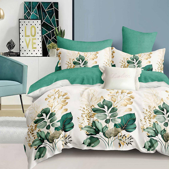 Спално бельо с ластик - цвят крем и зелено с листа