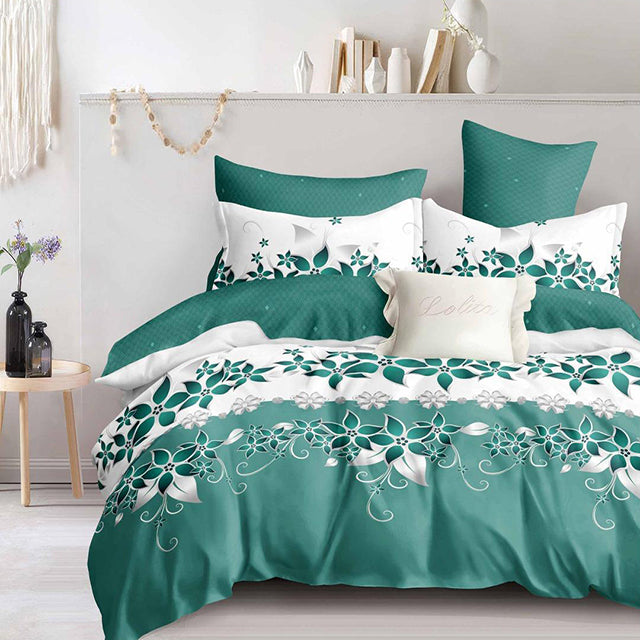 Спално бельо с ластик - зелено и бяло с нежни цветя