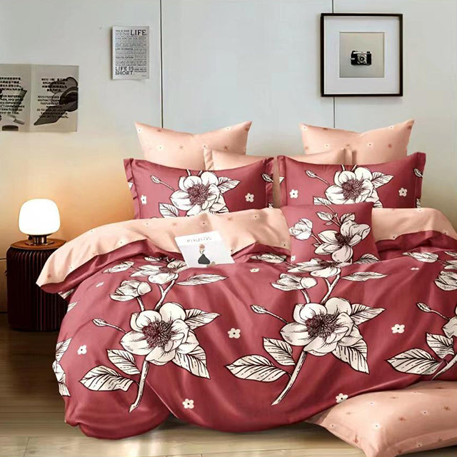 Спално бельо с ластик - тъмнорозово и цвят крем с цветя