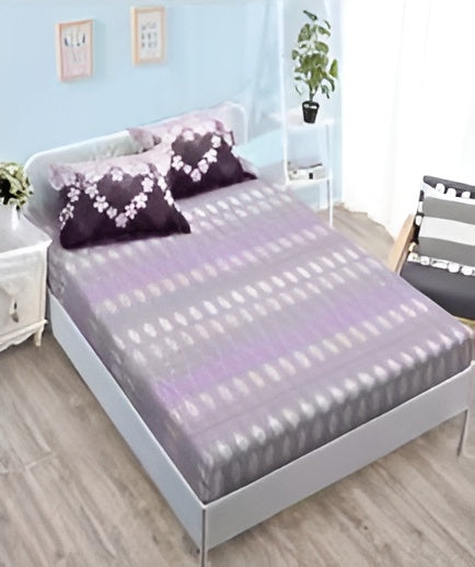 Спално бельо с ластик - тъмнолилаво и сиво със сърца от цветчета